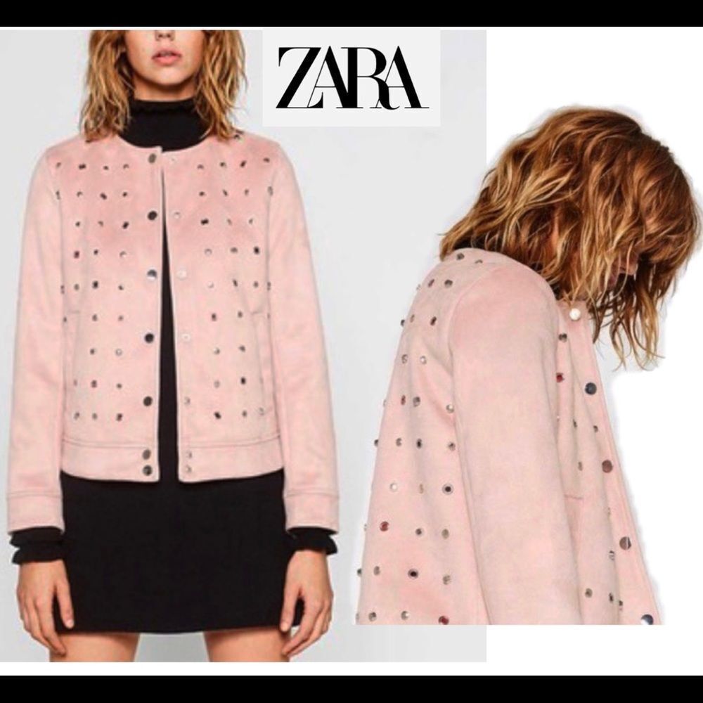 ZARA pastel dusty rose blush pink faux suede studded moto jacket Sz S